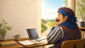 窓辺の机で次のキャリアを考えるカウジ。40代で仕事を辞めたい気持ちと長期的な人生戦略を表すアイキャッチ