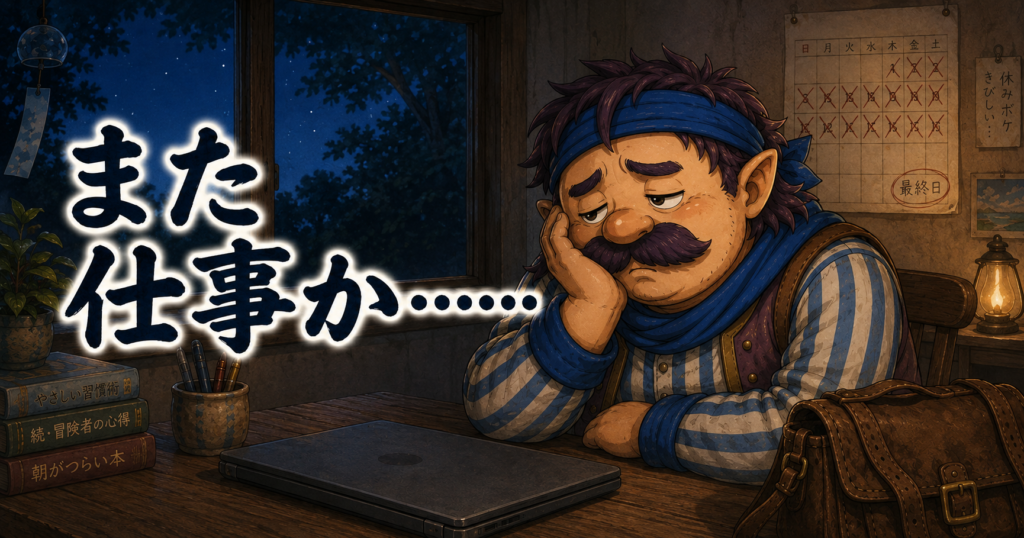 休み最終日の夜、翌日の仕事を考えて憂鬱になるカウジ