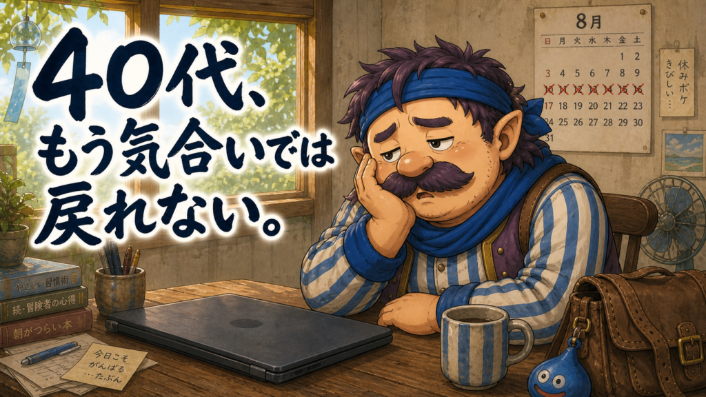 連休明けの朝、机でぐったりするブログカウジのキャラクター
