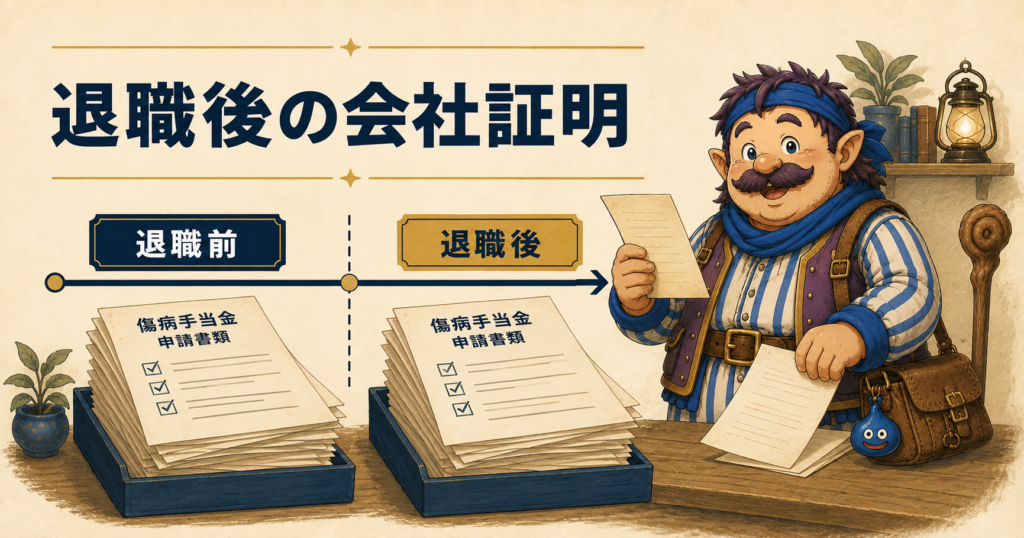 退職前後の傷病手当金申請書類を整理するカウジ