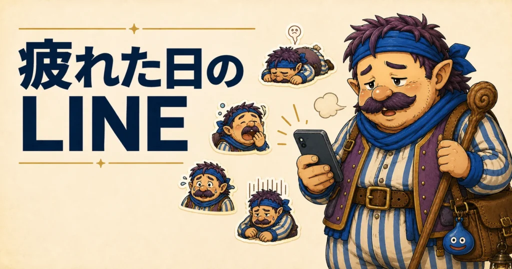 疲れた日にLINEスタンプを使うカウジ