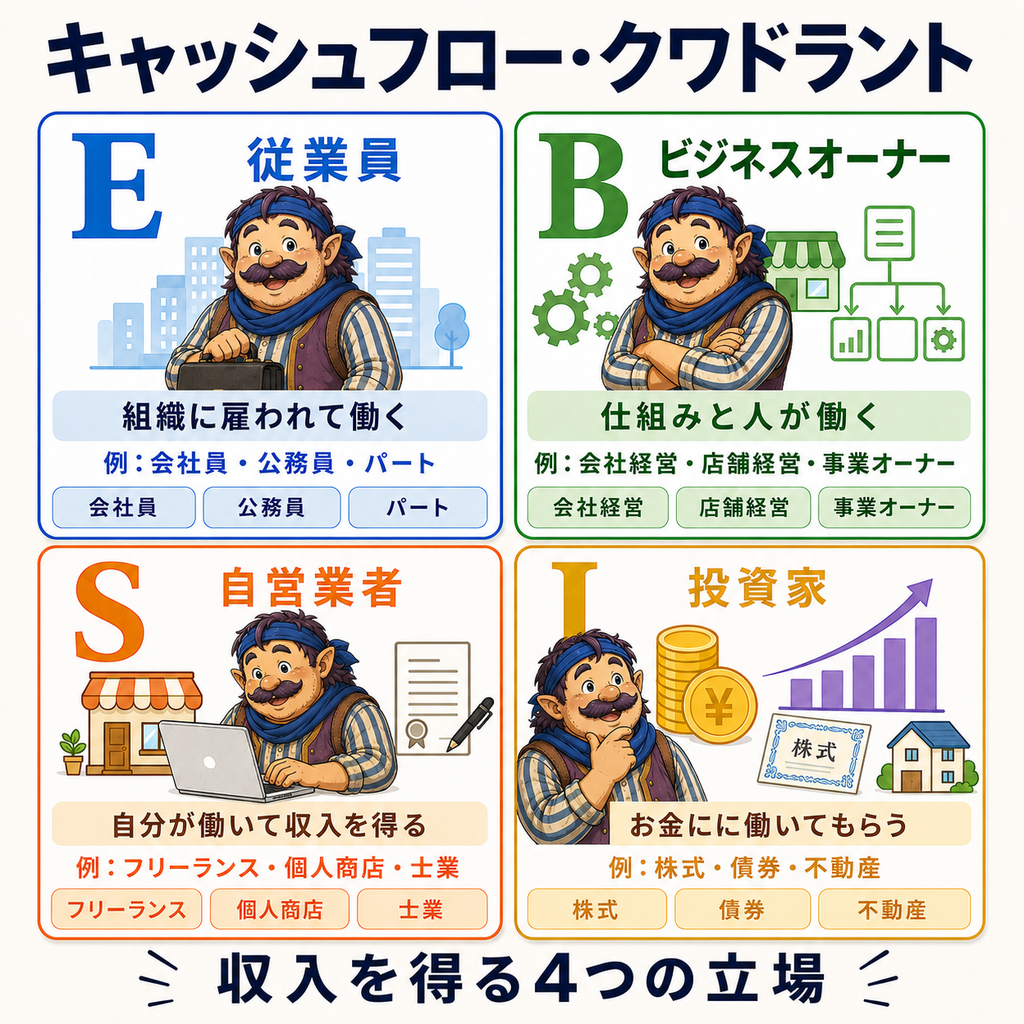 キャッシュフロー・クワドラントのE・S・B・Iをカウジのキャラクターで示した図解