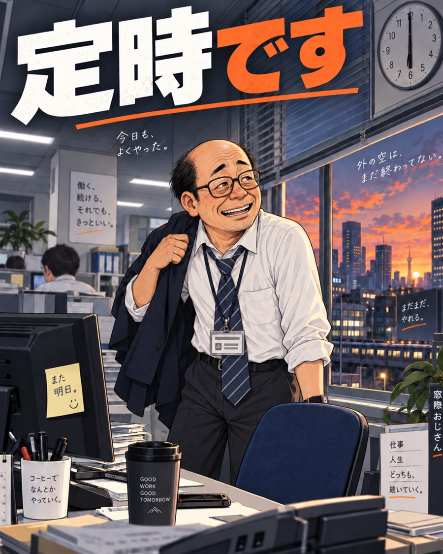 夕方のオフィスで一日を終える窓際おじさん。「定時です」と大きく書かれた記事ビジュアル