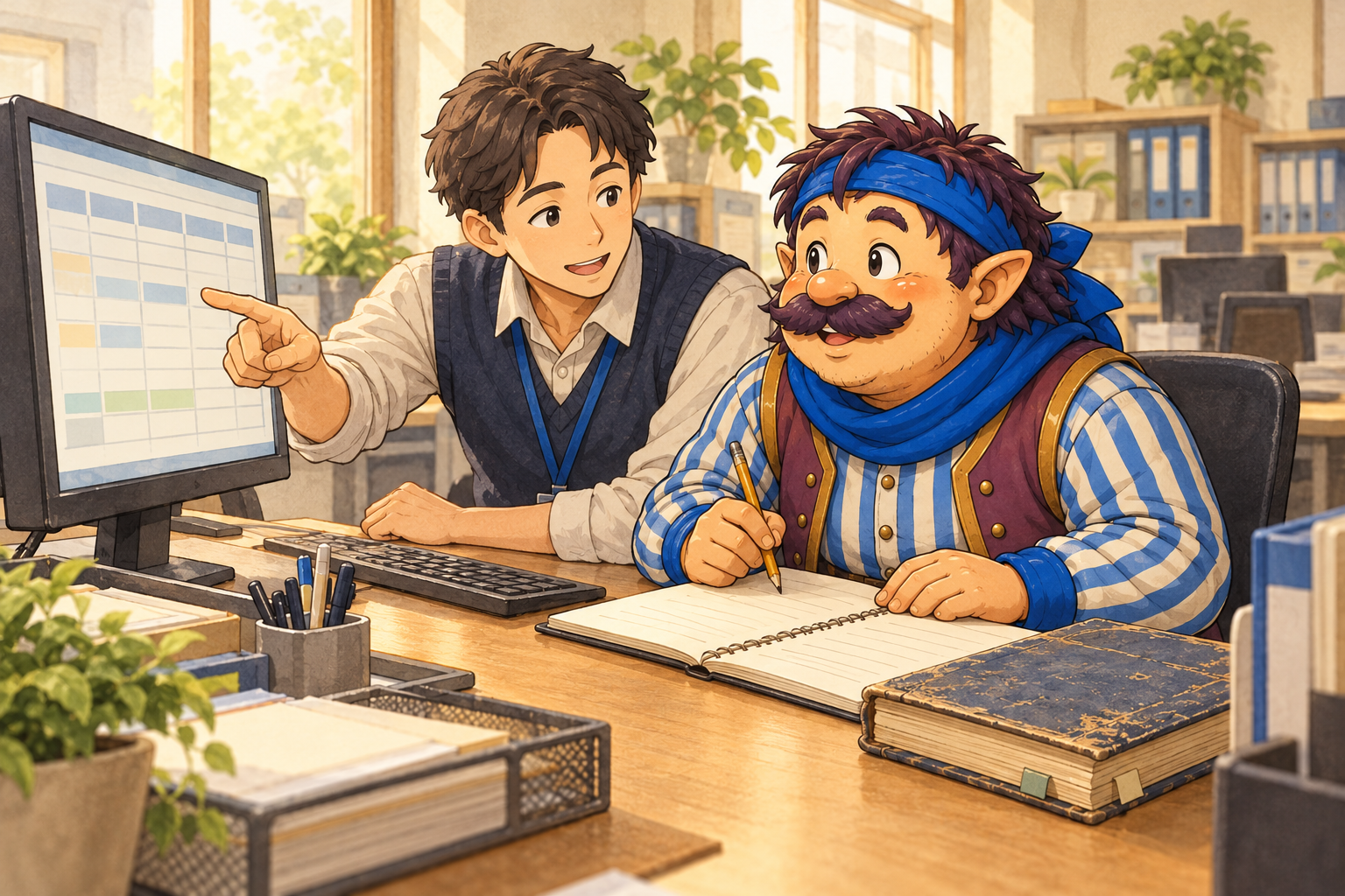 先輩から画面を使った実務の説明を受けるカウジ
