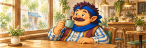 カフェの窓辺で飲み物を手にくつろぐカウジ