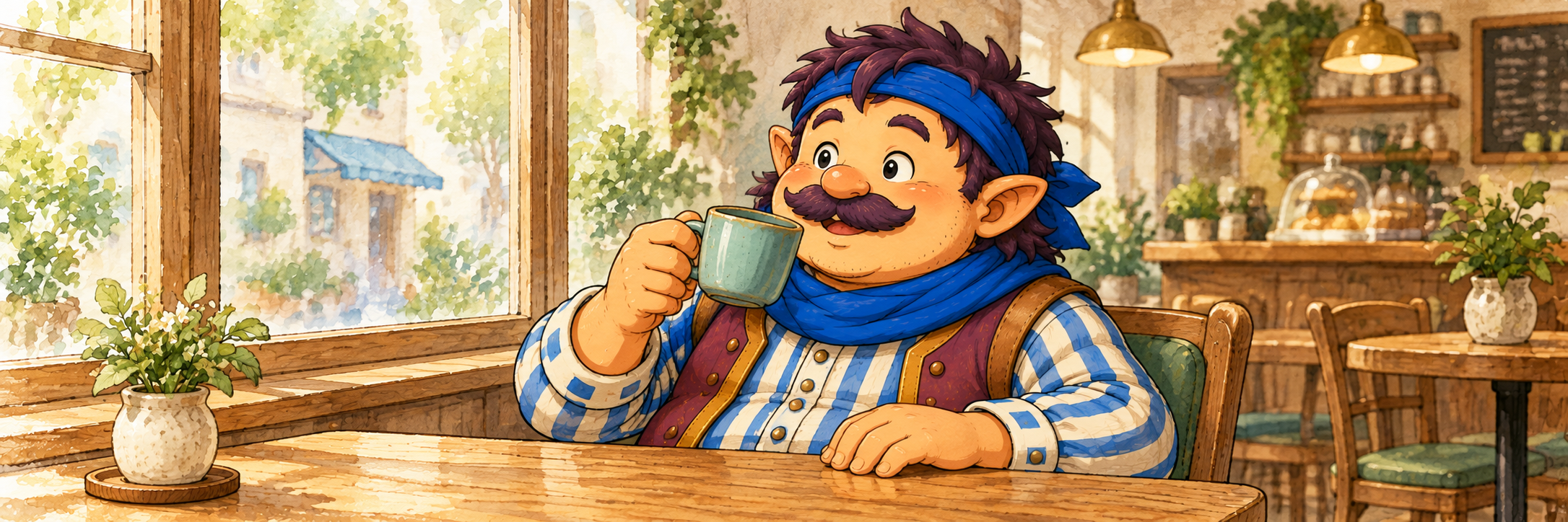 カフェの窓辺で飲み物を手にくつろぐカウジ