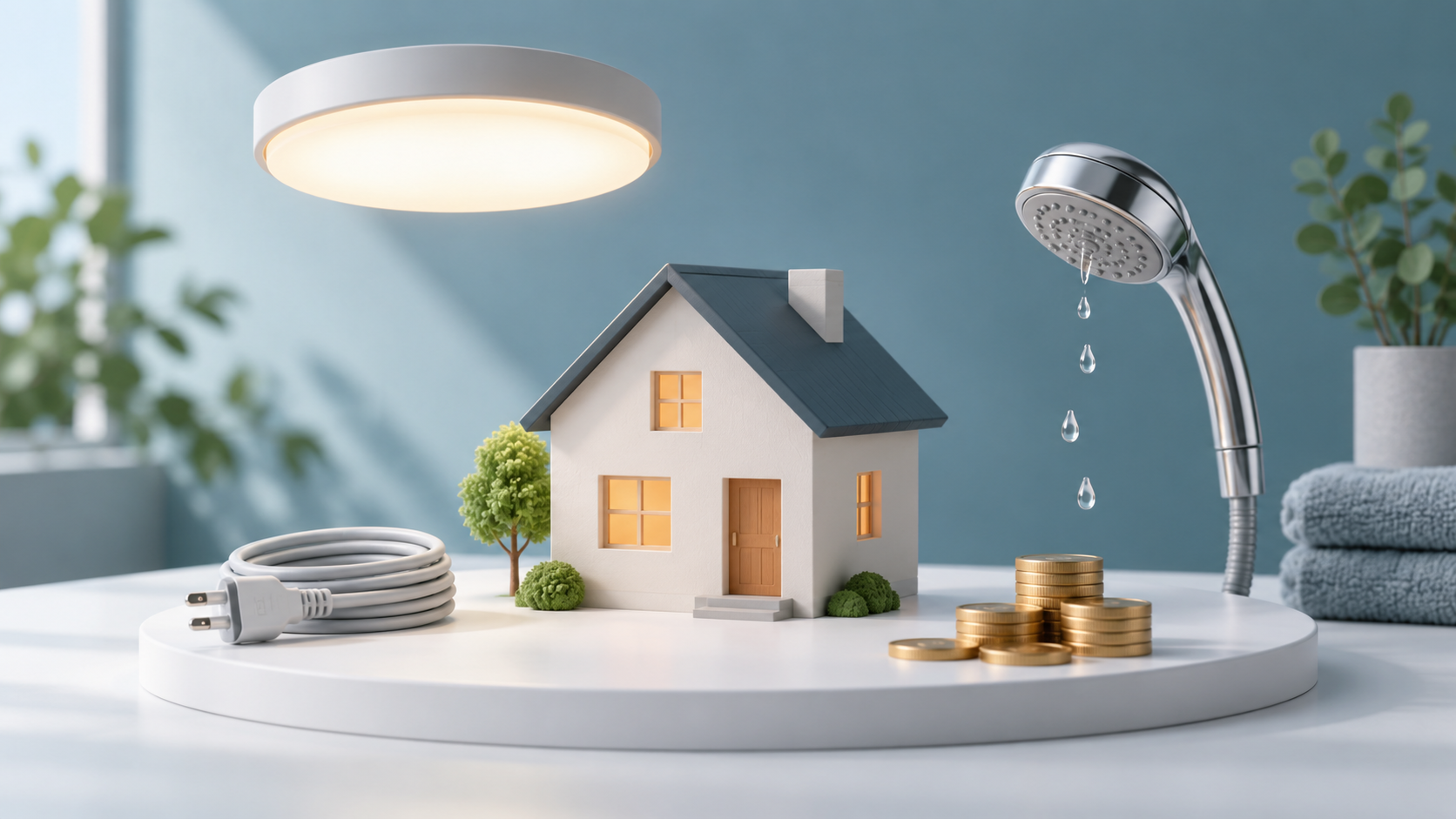 家の模型、LED照明、シャワーヘッド、電源コード、硬貨を並べた、住居費と水道光熱費の見直しを表す静物