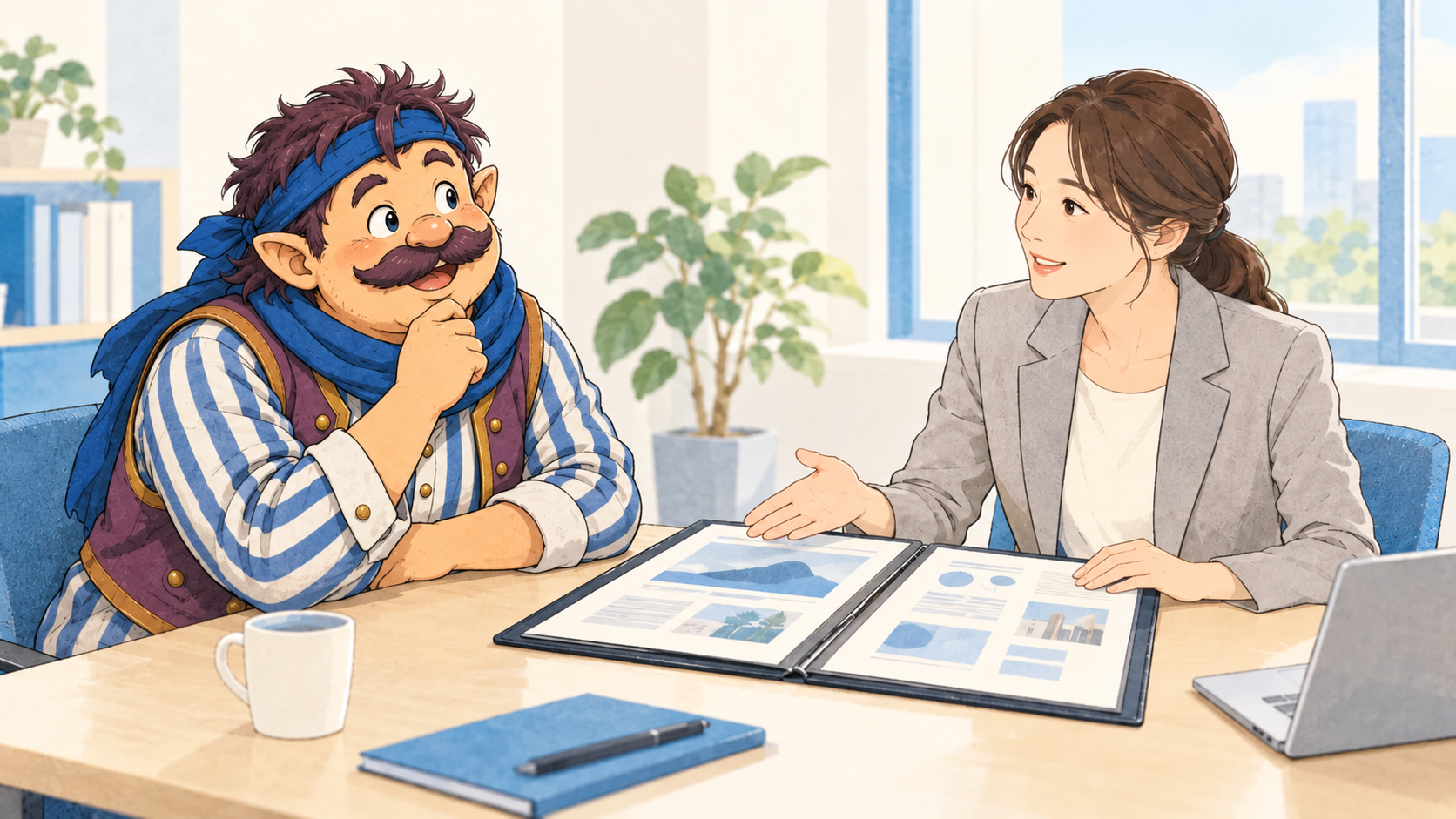 これまでの仕事の資料を見ながら、採用担当者と話すカウジ