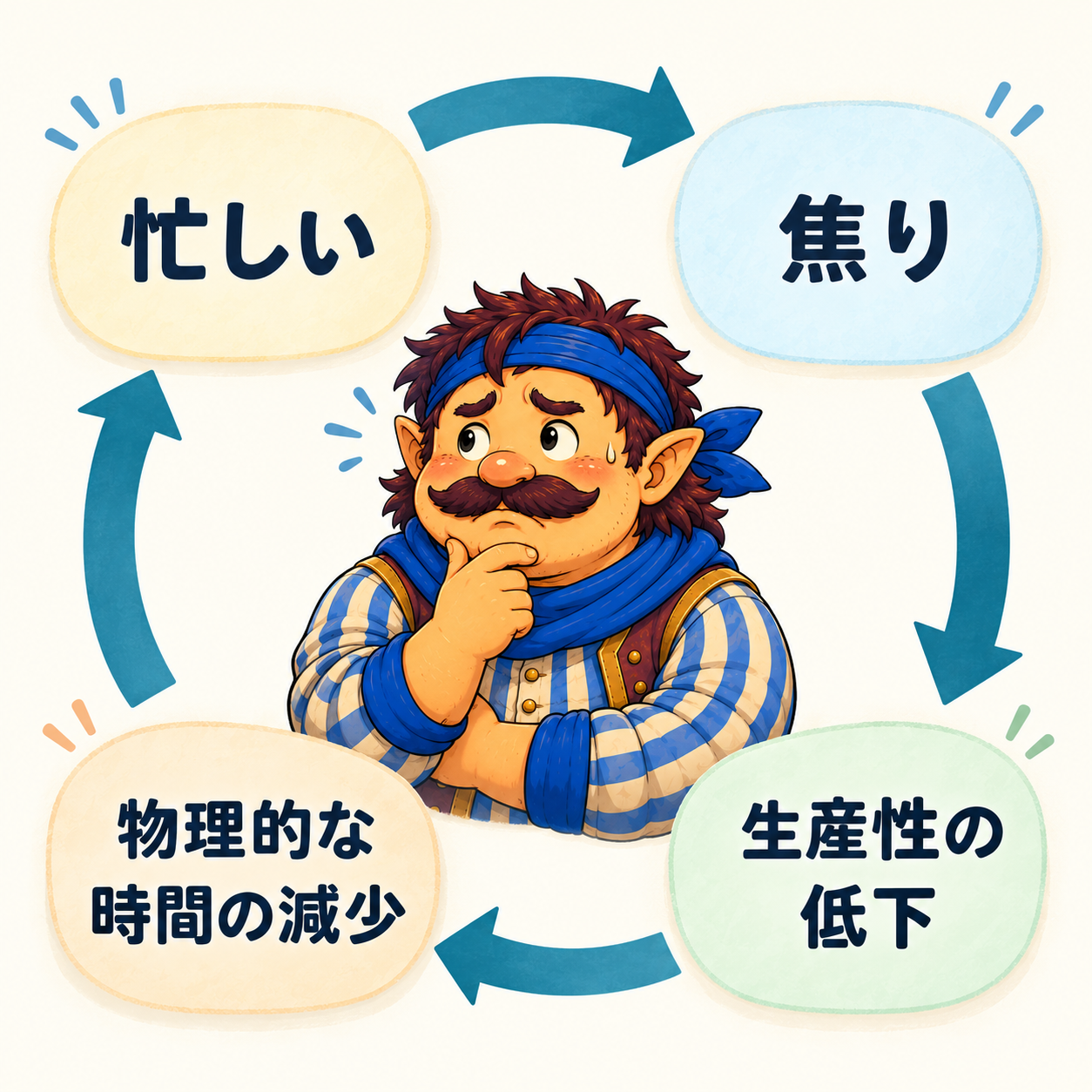 忙しさ、焦り、生産性低下、時間減少が続く循環図