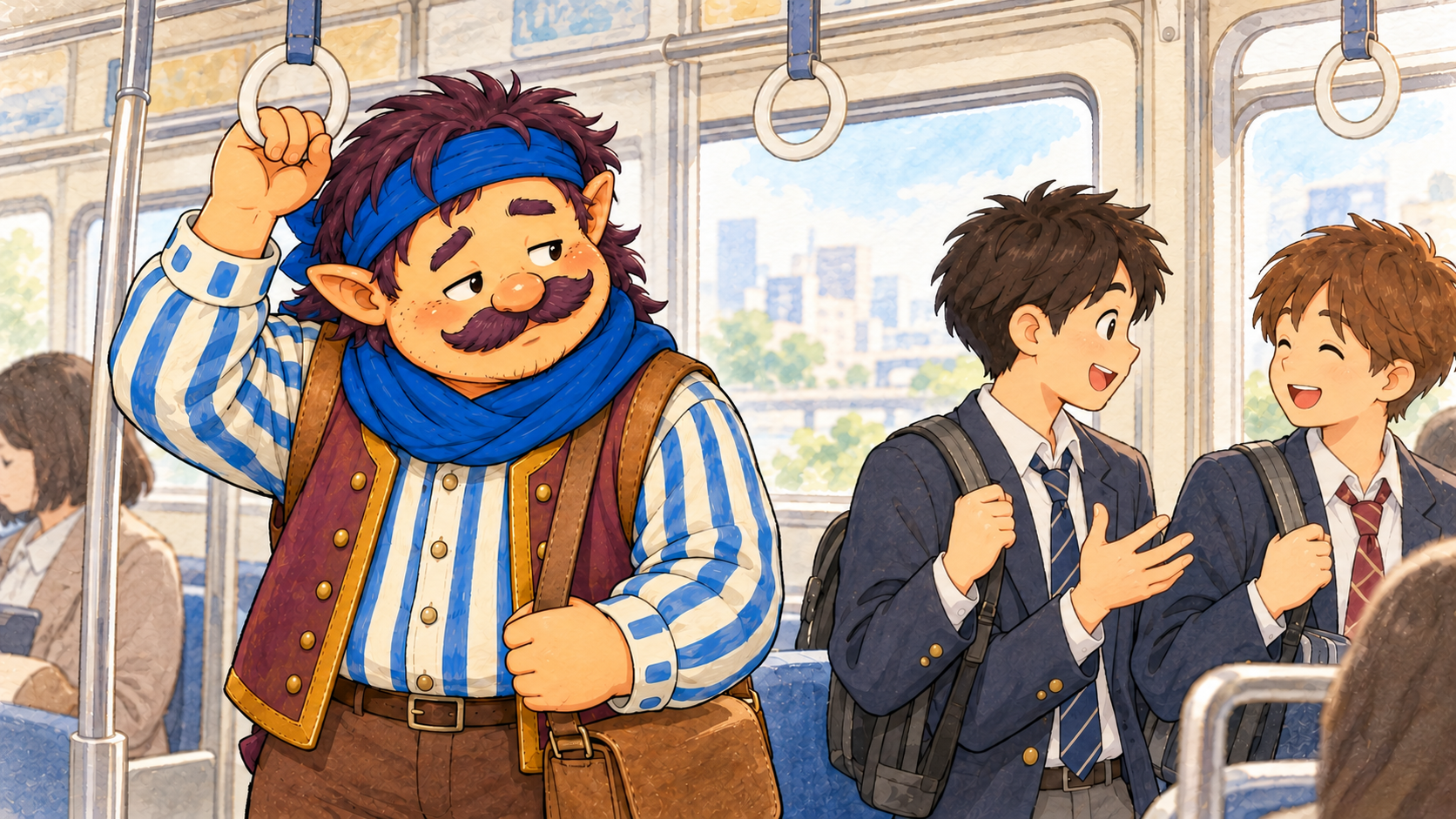 通勤電車で楽しそうに話す学生たちを見つめるカウジ
