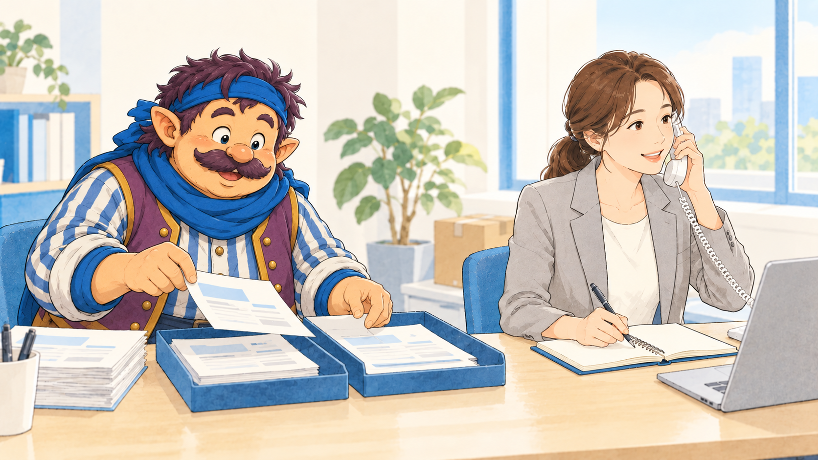 書類の整理を分担し、同僚が顧客対応に集中できるよう支えるカウジ